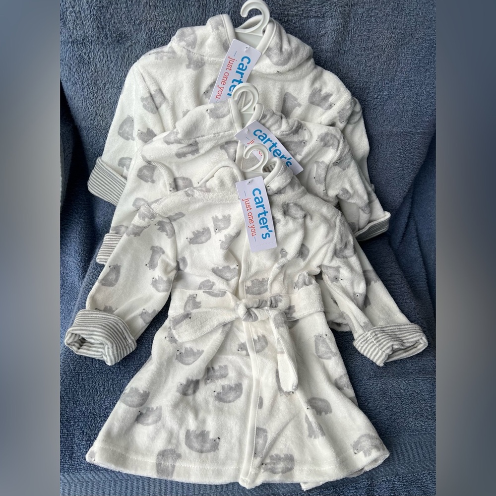 Bundle of 3 Carter's White and Gray hooded baby robe